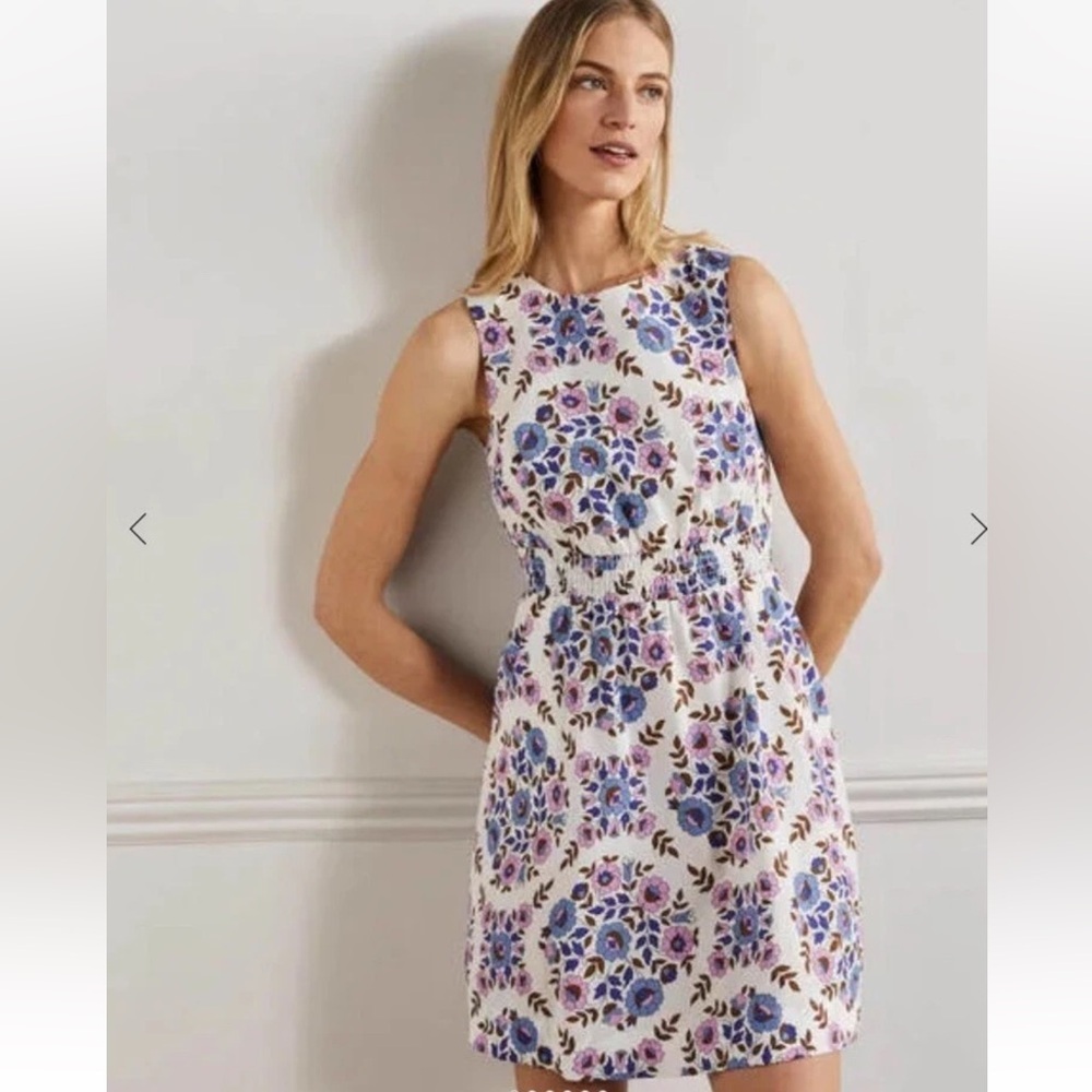 Boden Multi Wildflower Prairie Smocked Waist cotton casual Mini Dress size 12 p